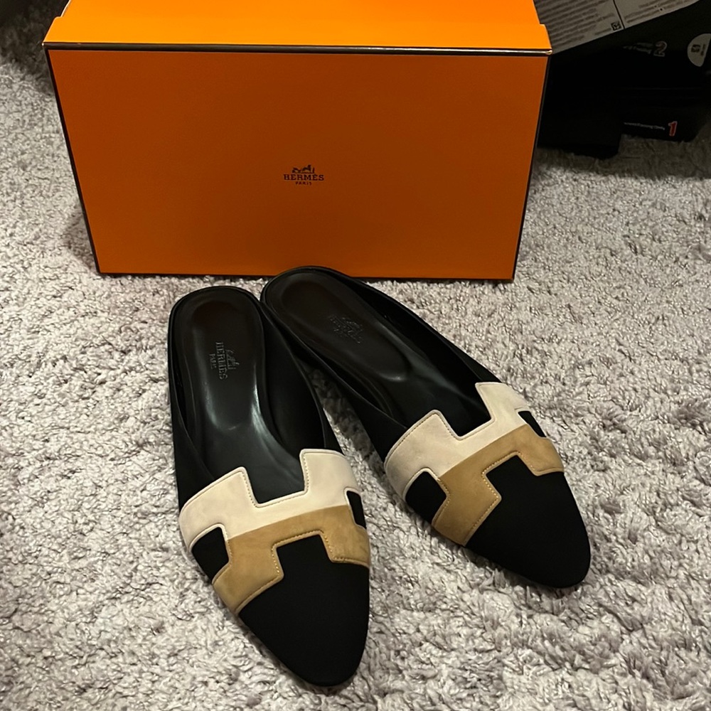 Hermes Black and Tan Roxanne velvet mules goatskin with two bags and box